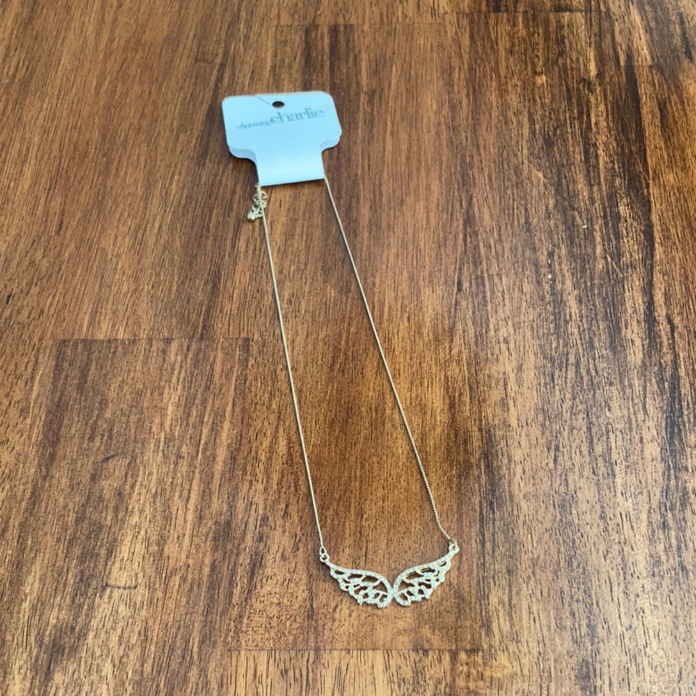 NEW Charming Charlie Angel Wing Studded Pendant Necklace Gold Tone One Size NWT